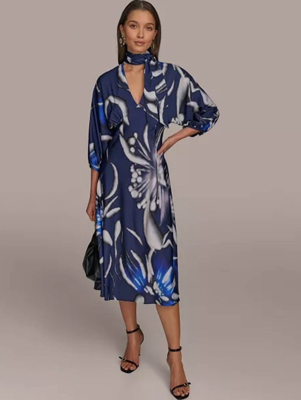 Donna Karan Navy Blue Floral Satin Midi Tie Necki Dress Size 18W $169 Party